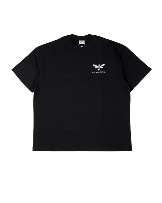 Liam Black t-shirt with a logo on the chest against a white background