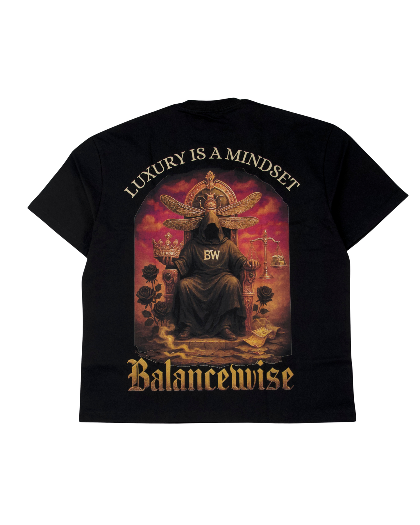 Liam Black t-shirt with 'Luxury is a Mindset' and 'Balancewise' design on a white background