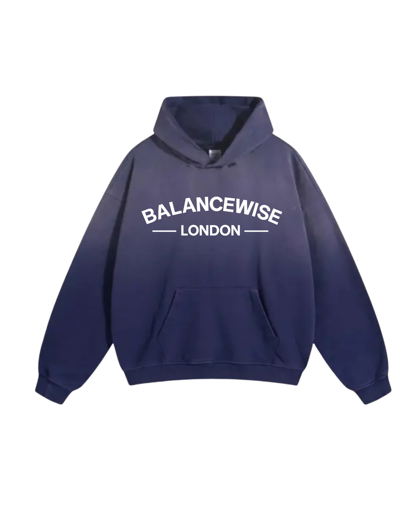 Navy blue hoodie with 'Balancewise London' text on a white background