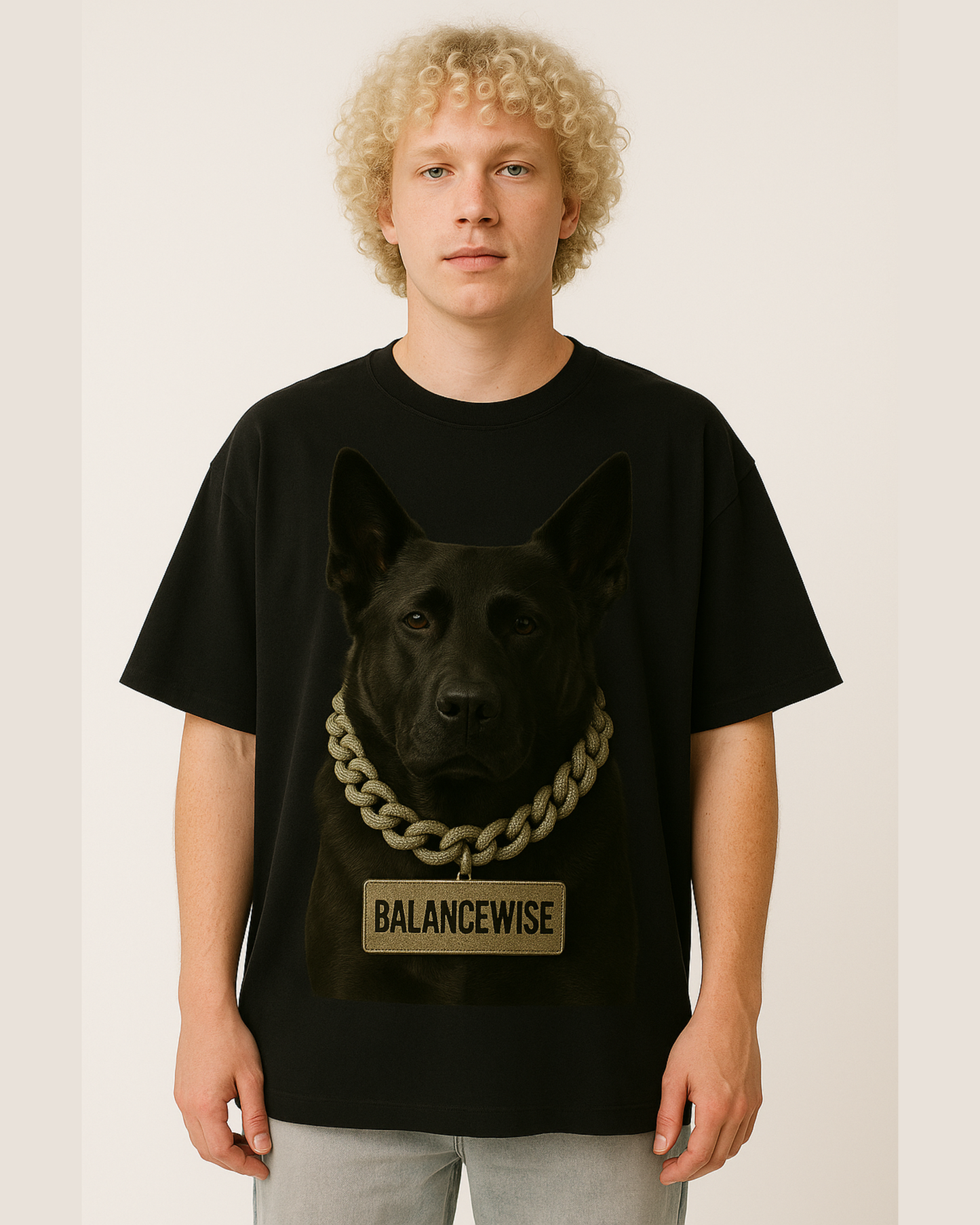 Person wearing a black t-shirt with a graphic of a dog and 'BALANCEWISE' branding.