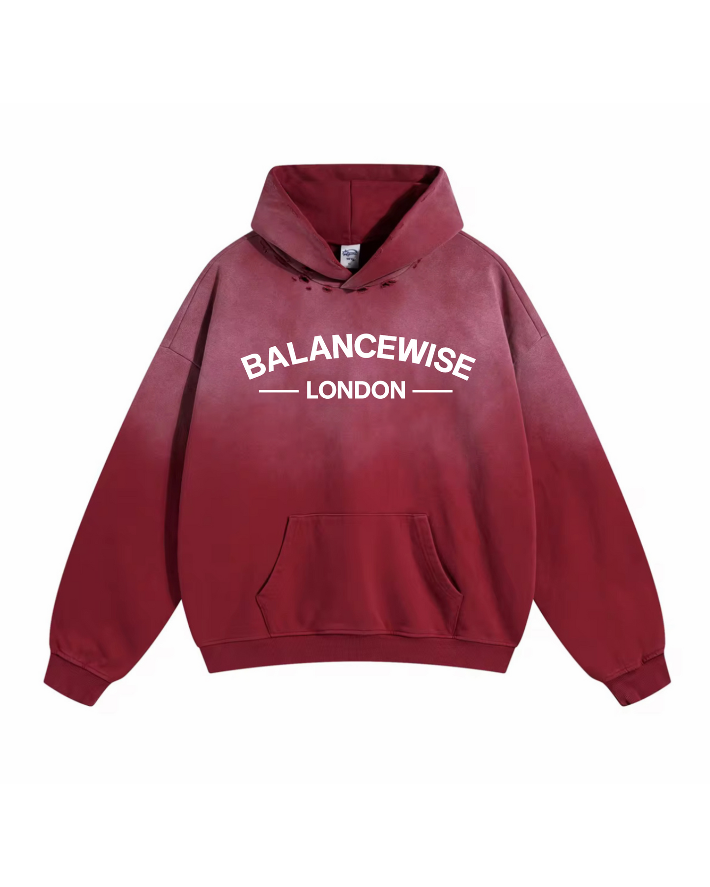 Red hoodie with 'Balancewise London' text on a white background front