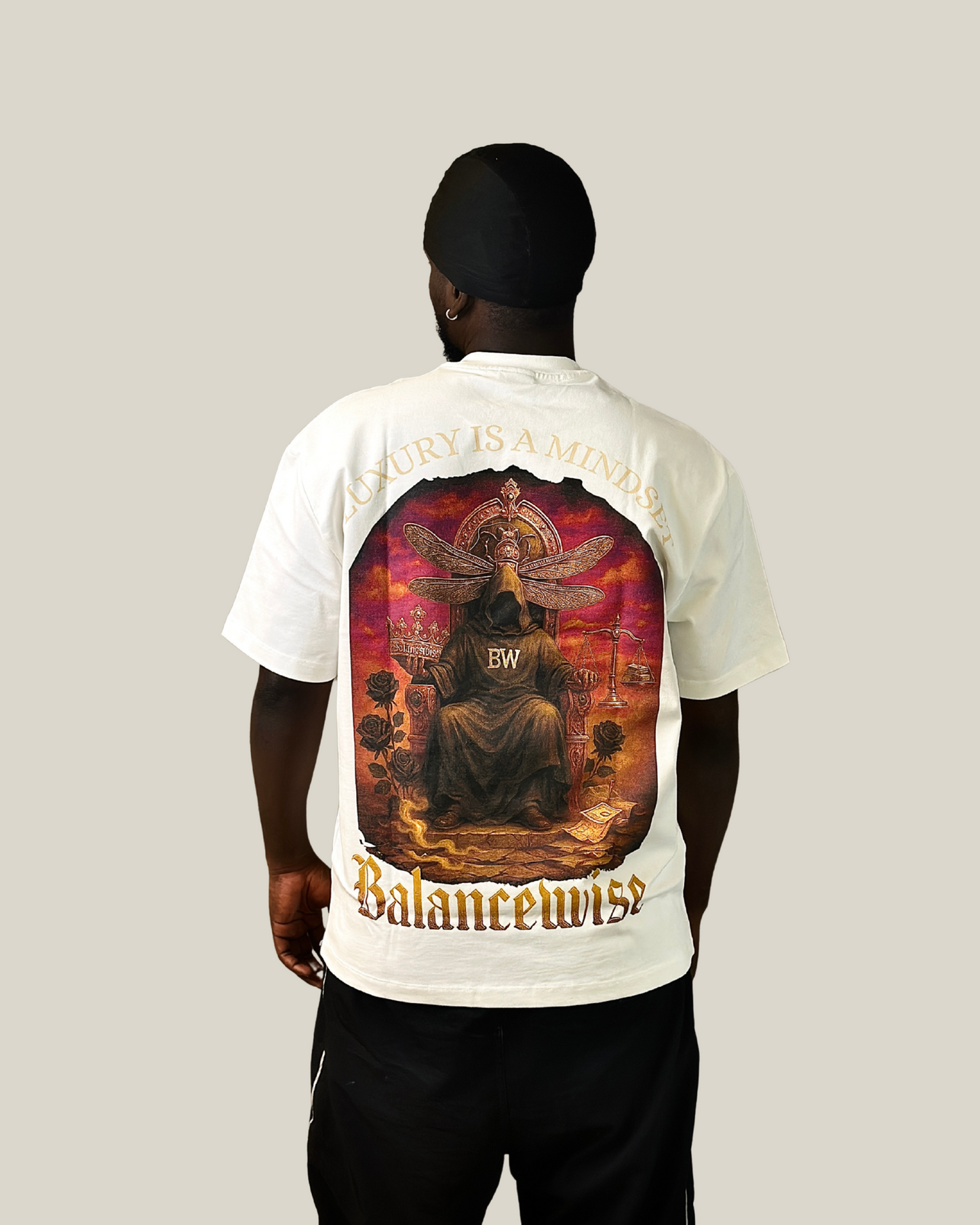 model wearing Liam White T-Shirt back
