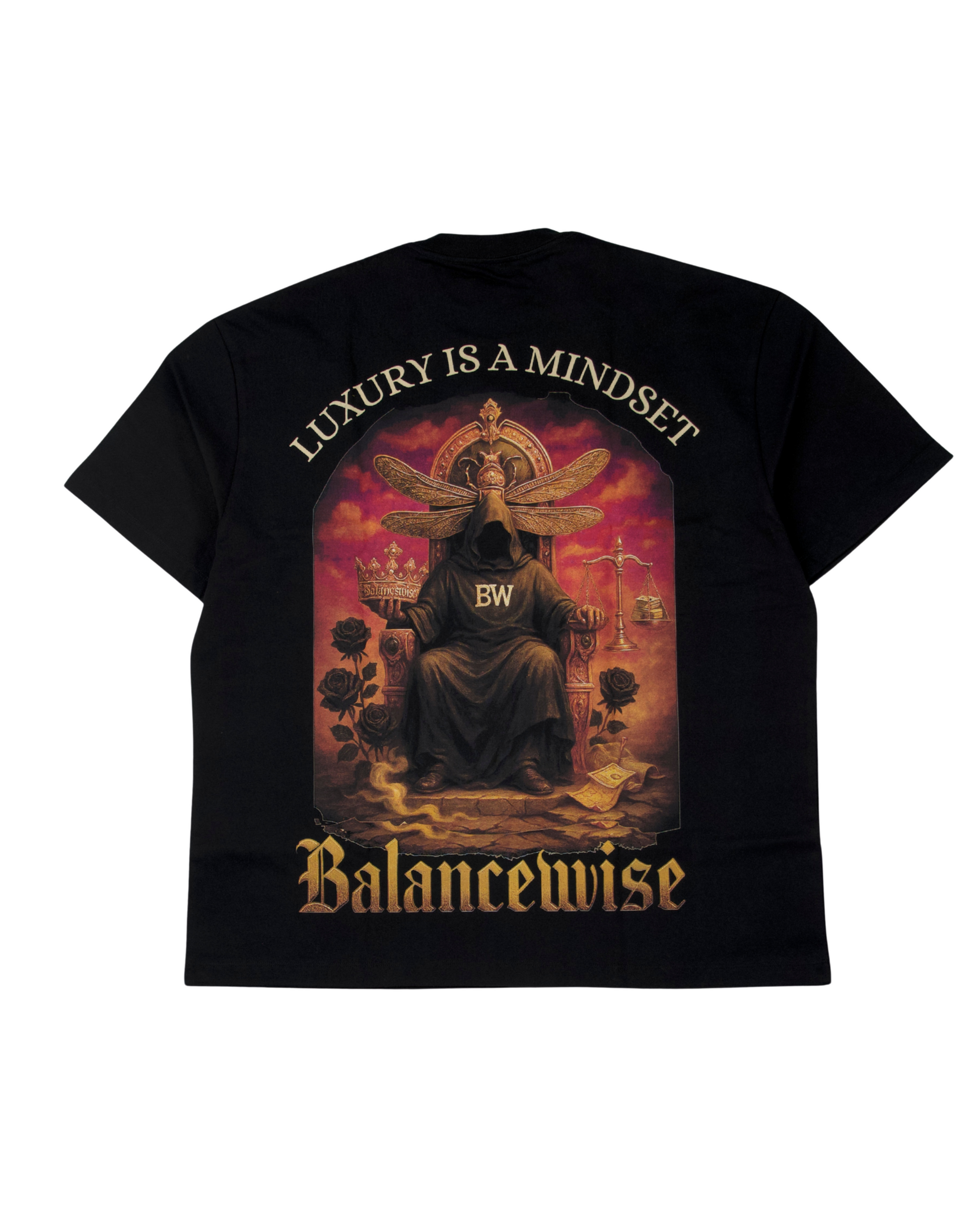 Liam Black t-shirt with 'Luxury is a Mindset' and 'Balancewise' design on a white background